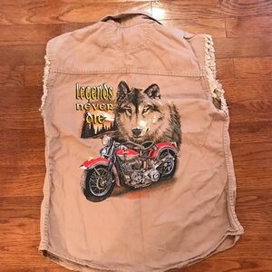 BIKERS EDGE LIGHT CANVAS WOLF MOTORCYCLE DENIM VEST TAN LARGE